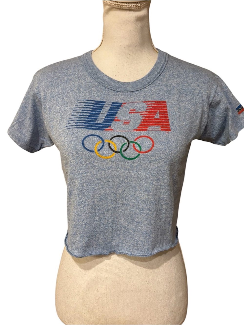 Vintage Women’s Levis Olympic Games Heather Blue Crop T-Shirt Made In USA Sz M